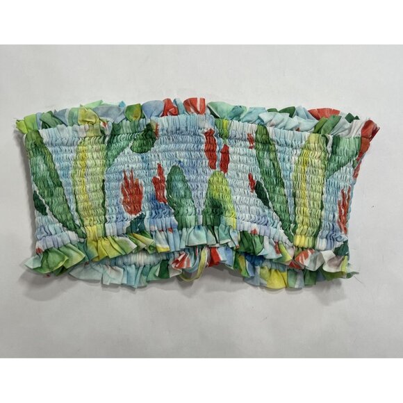 Charo Ruiz Strapless Shirred Printed Cotton Voile Top in Sky Blue - Picture 4 of 5